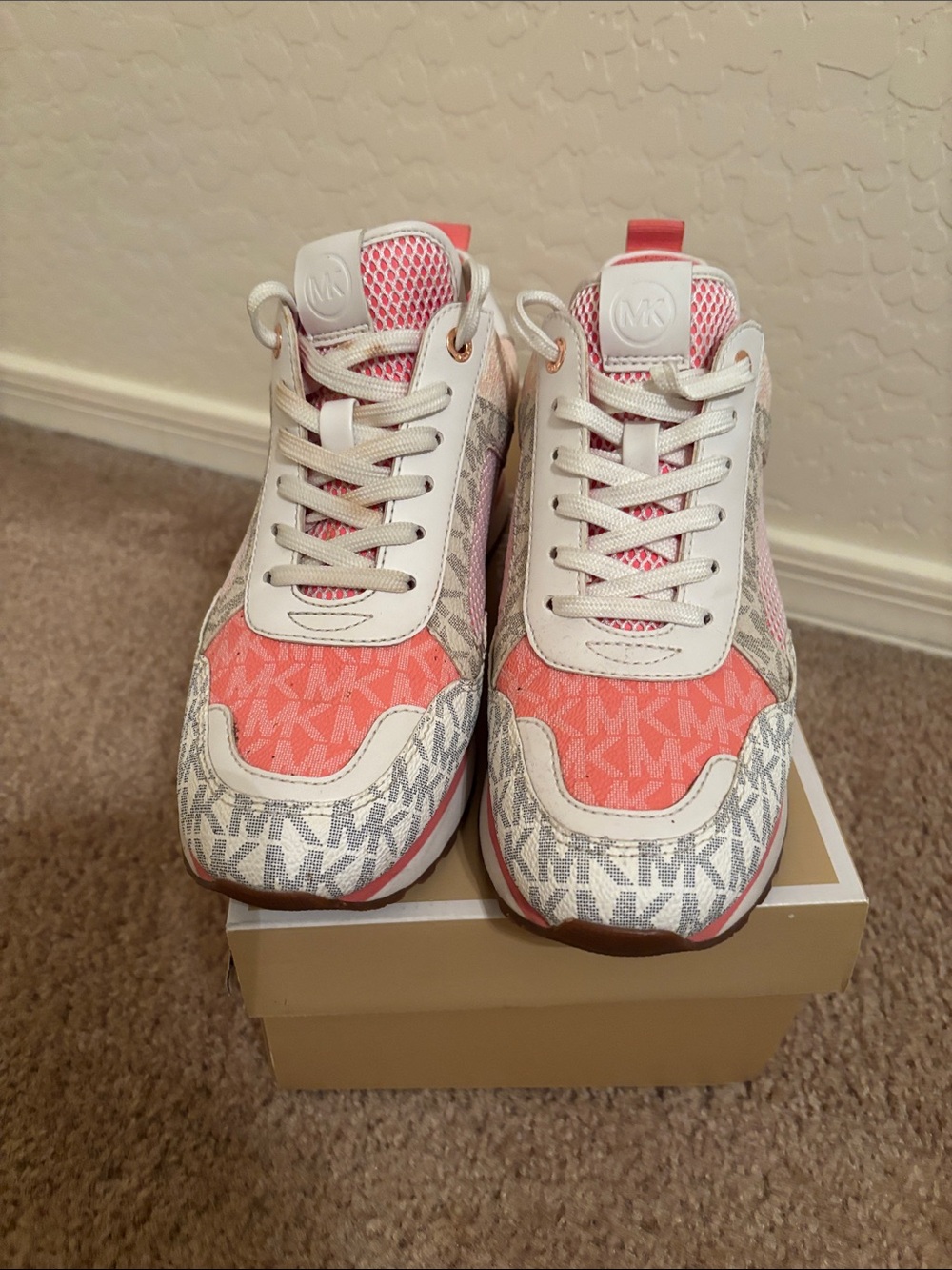 Michael Kors Girls Coral Pink & White MK Logo Sneakers